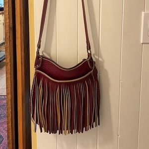 Roots leather fringe purse